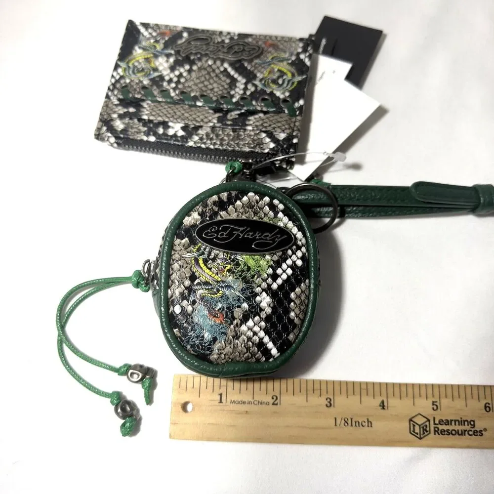 Ed Hardy Keychain Wristlet Card Holder & Coin Pouch Snakeskin Print NWT